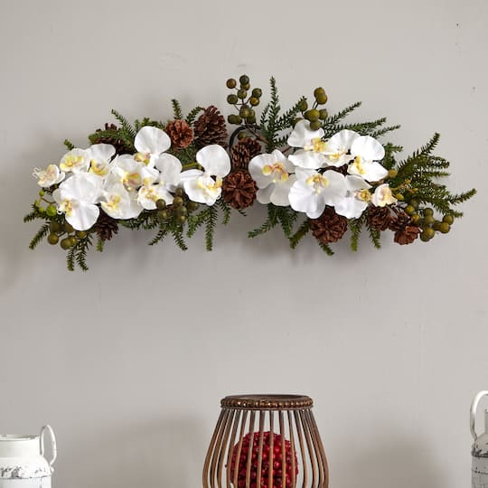 30" White Orchid & Pine Swag